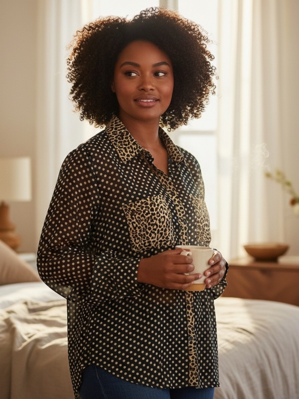 Black Polka Dot and Leopard Print Button-Up Shirt